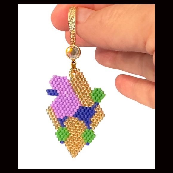 Hand Crafted Purple, Green, Blue and Gold Show Poodle Earrings - Picture 6 of 7